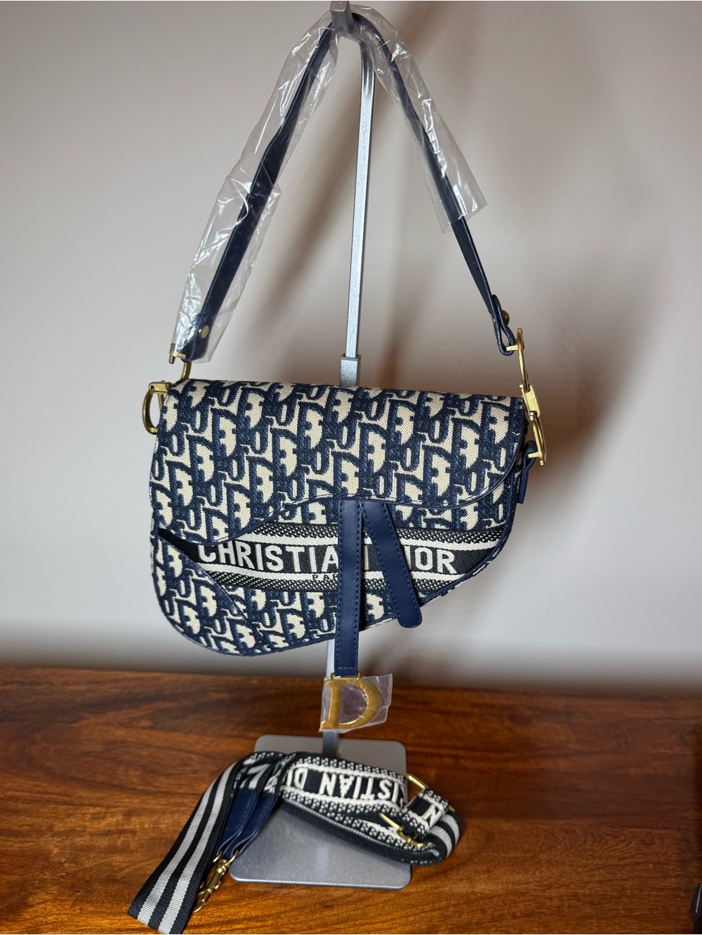 Navy and Cream Oblique Saddle Crossbody Bag. No Brand.